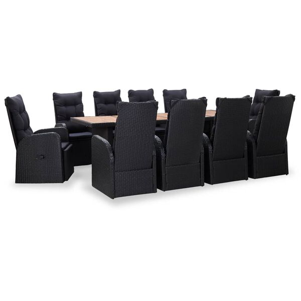 vidaXL Set mobilier exterior, 11 piese, negru, poliratan, lemn acacia