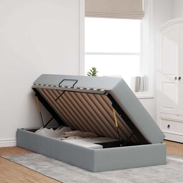 vidaXL Pat cu saltea și spațiu de depozitare Gri deschis 90 x 190 cm