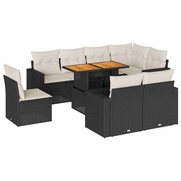 vidaXL Set mobilier de grădină cu perne, 9 piese, negru, poliratan