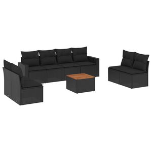 vidaXL Set mobilier de grădină cu perne, 9 piese, negru, poliratan