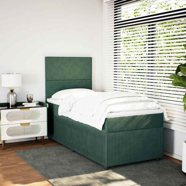 vidaXL Pat box spring cu saltea, verde &icirc;nchis, 90x190 cm, catifea