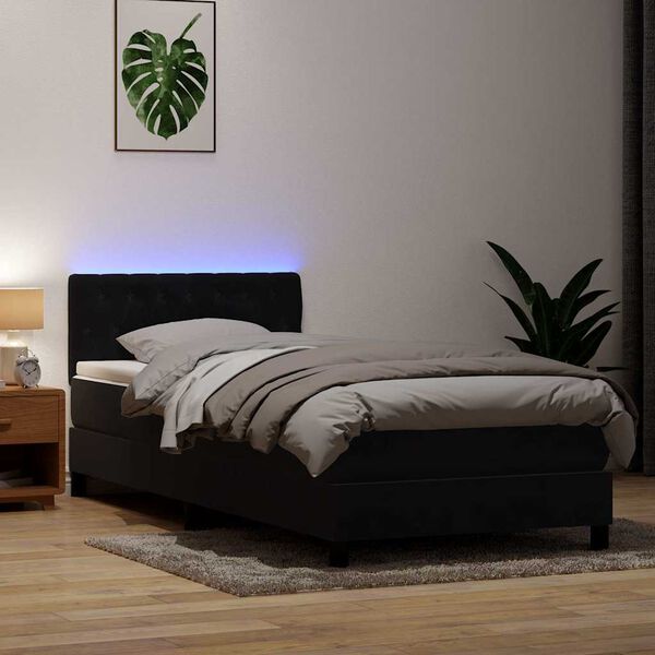 vidaXL Pat cu arcuri cu saltea și LED, negru, 90x210 cm, catifea