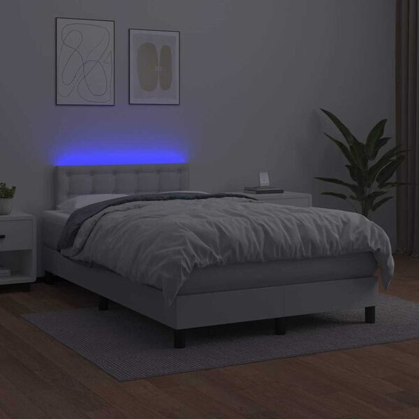 vidaXL Pat box spring cu saltea și LED, alb, 120x190 cm, piele eco