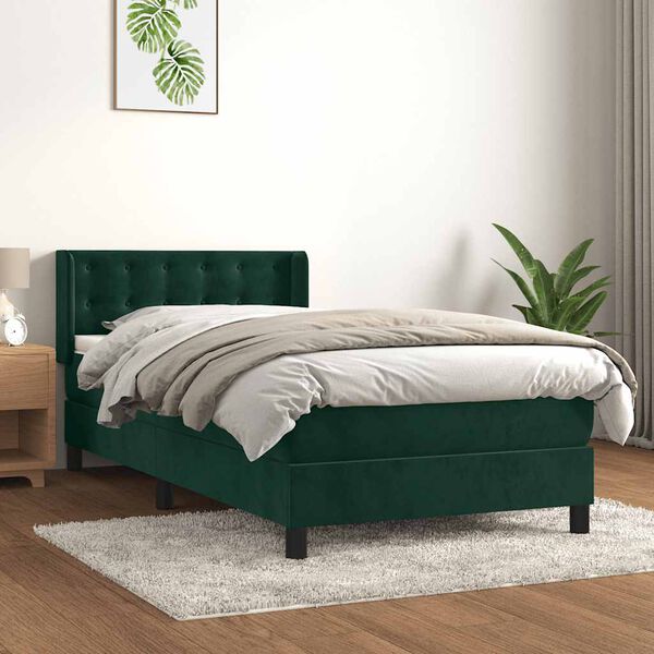 vidaXL Pat box spring cu saltea, verde &icirc;nchis, 90x200 cm, catifea