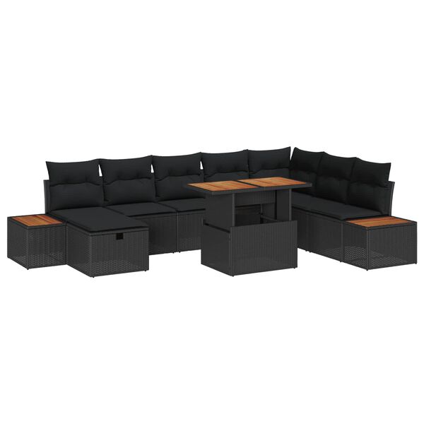 vidaXL Set de canapele pentru grădină cu pernă 9 pcs Negru poliratan