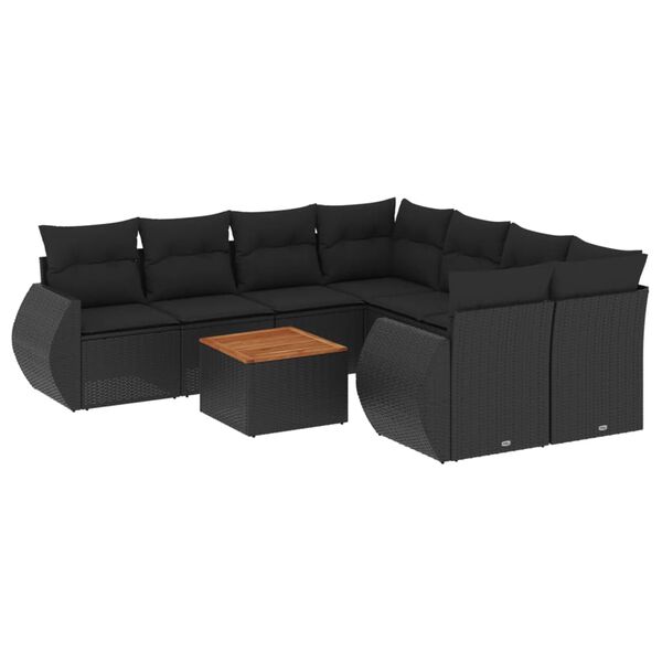 vidaXL Set mobilier de grădină cu perne, 9 piese, negru, poliratan