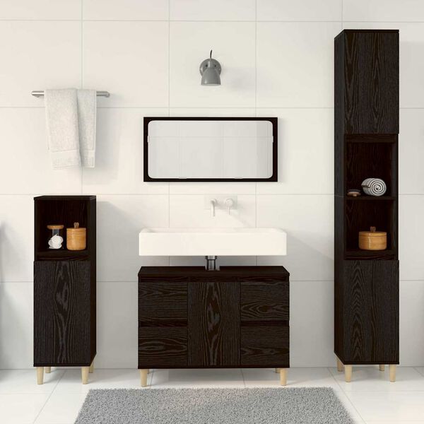 vidaXL Set de mobilier pentru baie Pe perete cu ușă 3 pcs Stejar Negru