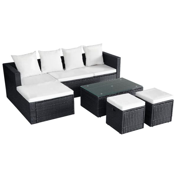 vidaXL Set mobilier de grădină cu perne, 4 piese, negru, poliratan