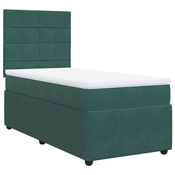 vidaXL Pat box spring cu saltea, verde &icirc;nchis, 90x200 cm, catifea