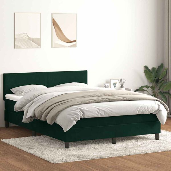 vidaXL Pat box spring cu saltea, verde &icirc;nchis, 160x210 cm, catifea