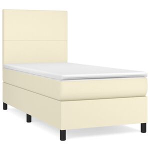 vidaXL Pat box spring cu saltea, crem, 90x200 cm, piele ecologică