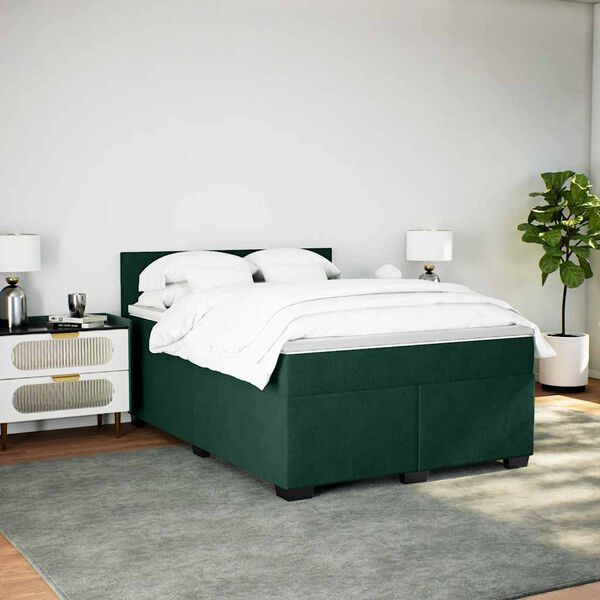 vidaXL Pat box spring cu saltea, verde &icirc;nchis, 160x200 cm, catifea