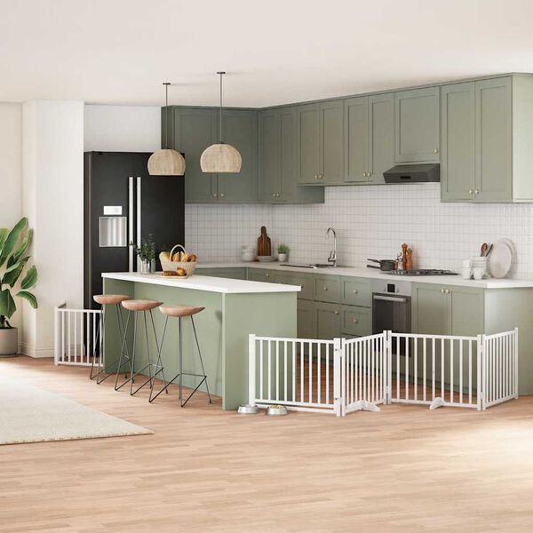 vidaXL Poartă c&acirc;ini pliabilă cu ușă 10 panouri, alb, 800 cm, lemn plop