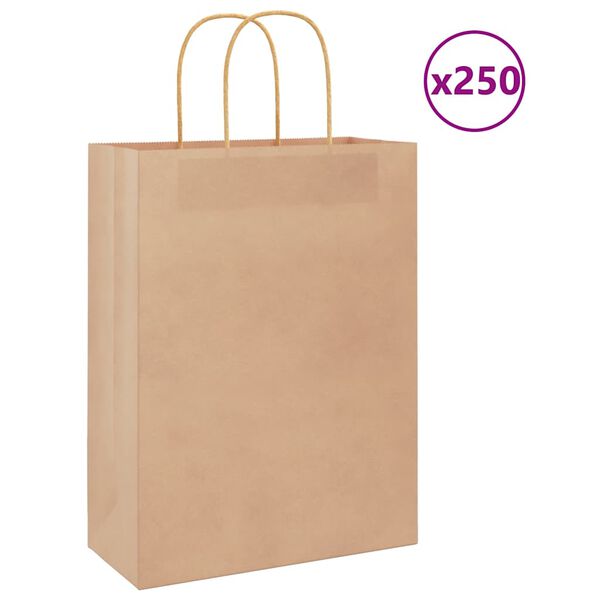 vidaXL Pungi de h&acirc;rtie 250 buc cu m&acirc;nere maro 26x12x35 cm
