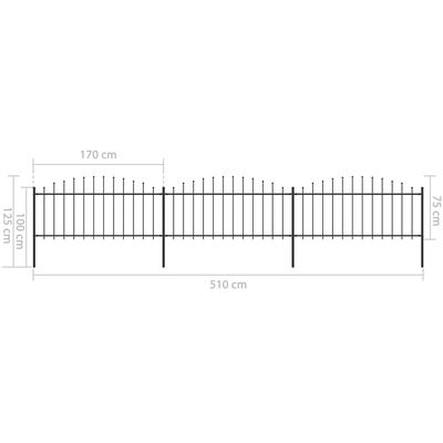vidaXL Gard de grădină cu vârf suliță, negru, (0,5-0,75) x 5,1 m, oțel
