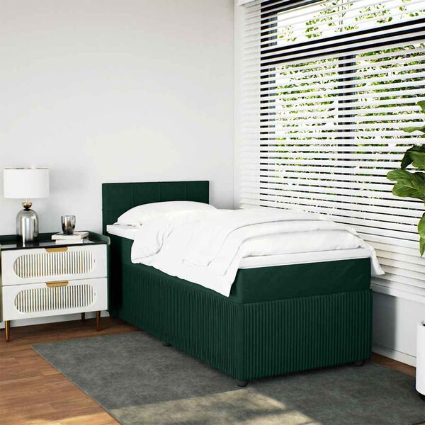vidaXL Pat box spring cu saltea, verde &icirc;nchis, 90x200 cm, catifea