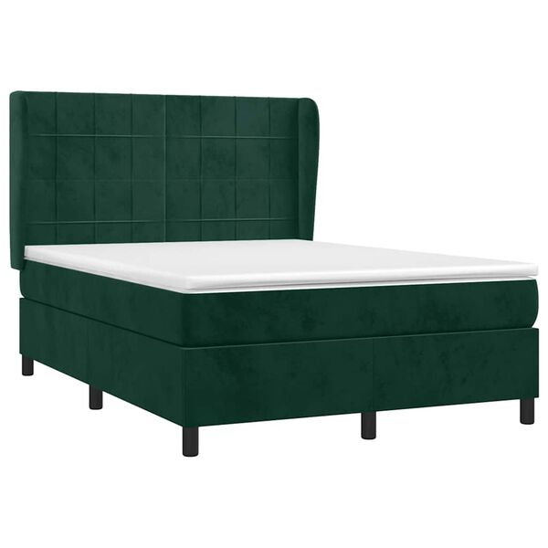 vidaXL Pat box spring cu saltea, verde &icirc;nchis, 140x190 cm, catifea