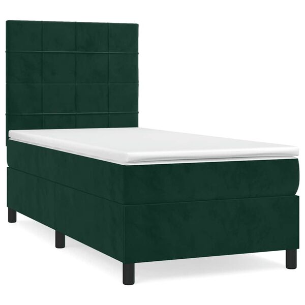 vidaXL Pat box spring cu saltea, verde &icirc;nchis, 90x200 cm, catifea