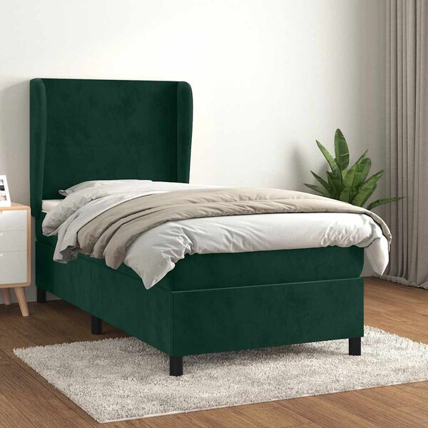 vidaXL Pat box spring cu saltea, verde &icirc;nchis, 80x200 cm, catifea