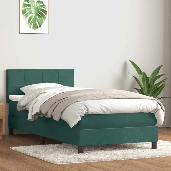 vidaXL Pat box spring cu saltea, verde &icirc;nchis, 80x210 cm, catifea