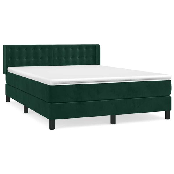 vidaXL Pat box spring cu saltea, verde &icirc;nchis, 140x200 cm, catifea