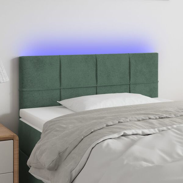 vidaXL Tăblie de pat cu LED, verde &icirc;nchis, 90x5x78/88 cm, catifea