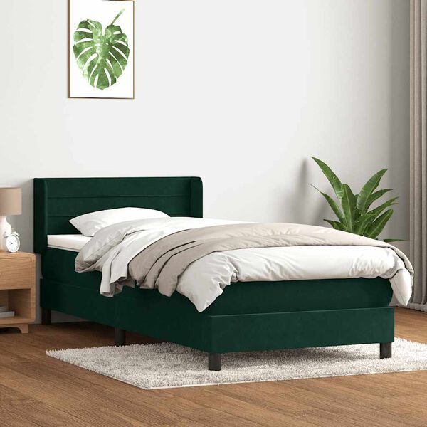 vidaXL Pat box spring cu saltea, verde &icirc;nchis, 80x220 cm, catifea