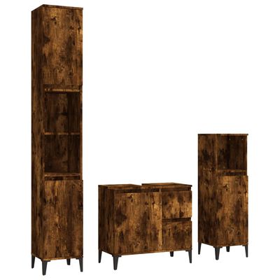 vidaXL Set dulapuri de baie, 3 piese, stejar afumat, lemn prelucrat