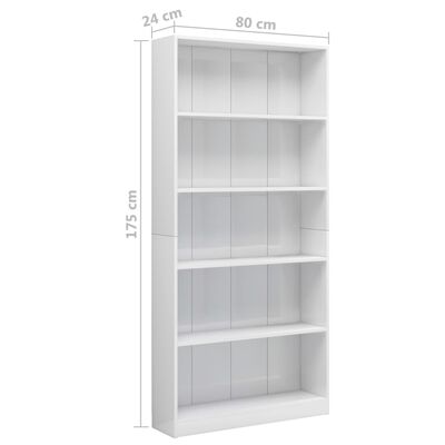 vidaXL Bibliotecă cu 5 rafturi, alb lucios, 80 x 24 x 175 cm, PAL