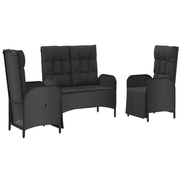 vidaXL Set mobilier de grădină cu perne, 3 piese, negru, poliratan