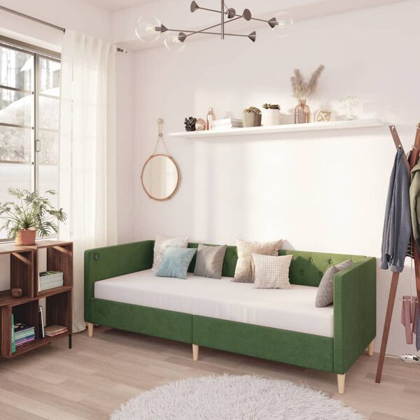 vidaXL Pat de zi cu saltea, verde &icirc;nchis, 90x200 cm, textil, USB