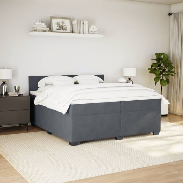vidaXL Pat box spring cu saltea, gri &icirc;nchis, 200x200 cm, catifea