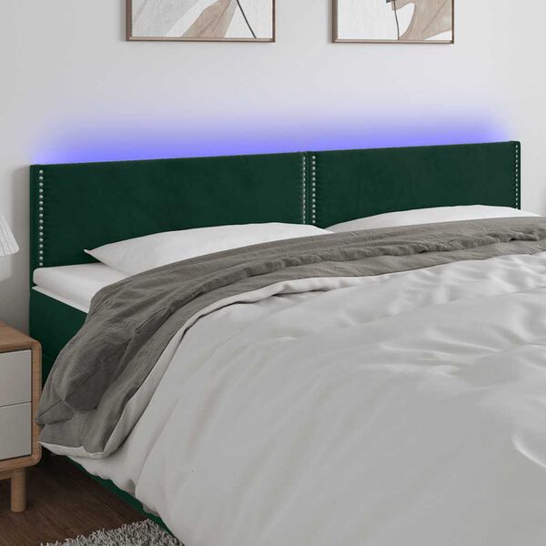vidaXL Tăblie de pat cu LED, verde &icirc;nchis, 180x5x78/88 cm, catifea