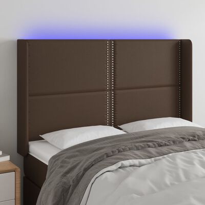 vidaXL Tăblie de pat cu LED, maro, 147x16x118/128 cm, piele ecologică