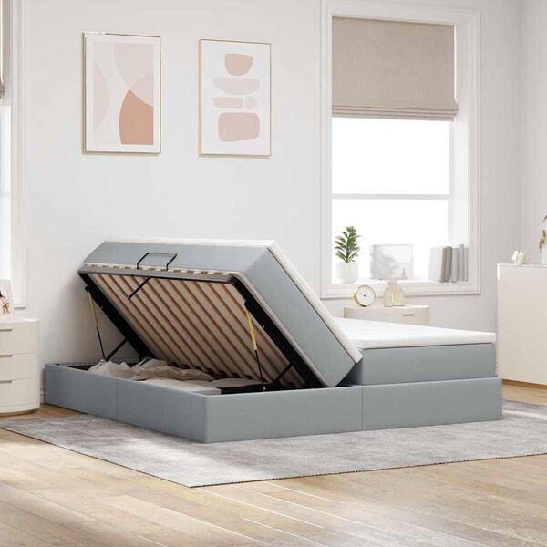 vidaXL Pat cu saltea și spațiu de depozitare Gri deschis 180 x 200 cm