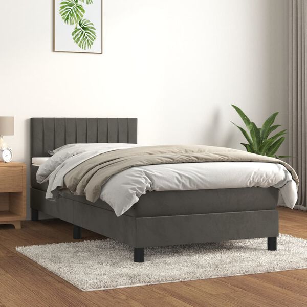 vidaXL Pat box spring cu saltea, gri &icirc;nchis, 100x200 cm, catifea