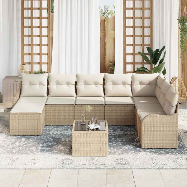 vidaXL Set de canapele pentru grădină 9 pcs Bej și alb Rattan poli