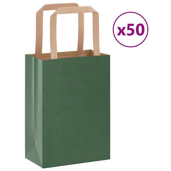 vidaXL Pungi de h&acirc;rtie 50 buc cu m&acirc;nere verde 15x8x21 cm