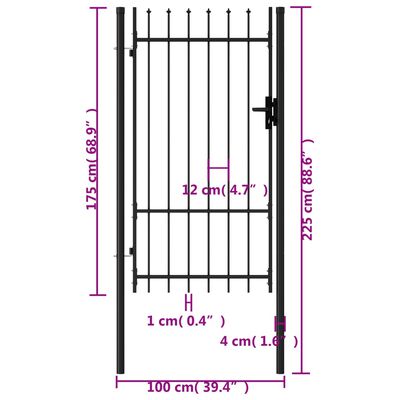 vidaXL Poartă de gard cu o ușă, vârf ascuțit, negru, 1x1,75 m, oțel