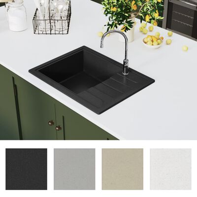 vidaXL Chiuvetă de bucătărie cu orificiu de preaplin, negru, oval, granit