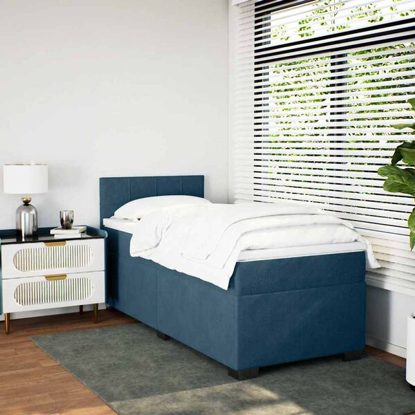 vidaXL Pat box spring cu saltea, albastru, 90x190 cm, catifea