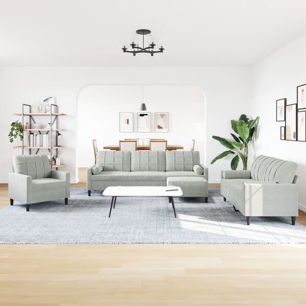 vidaXL Set de canapele cu perne/rulouri, 4 piese, gri deschis, catifea