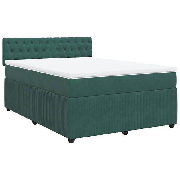 vidaXL Pat box spring cu saltea, verde &icirc;nchis, 140x190 cm, catifea