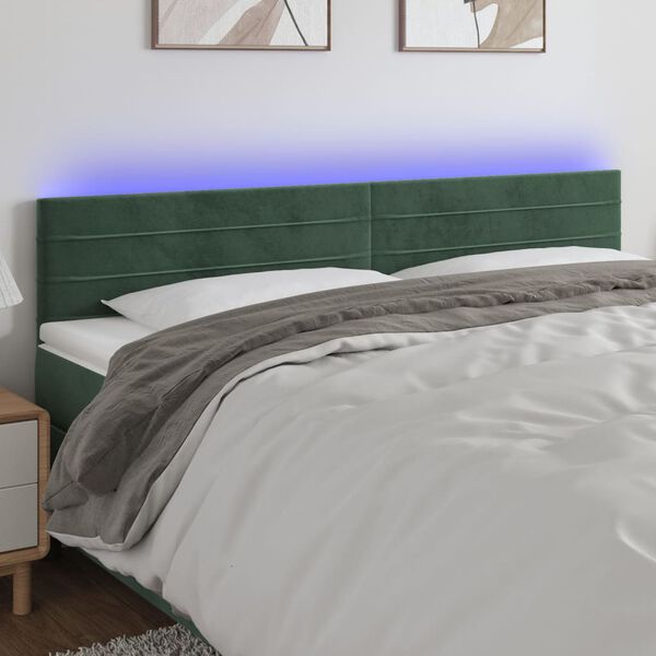 vidaXL Tăblie de pat cu LED, verde &icirc;nchis, 160x5x78/88 cm, catifea