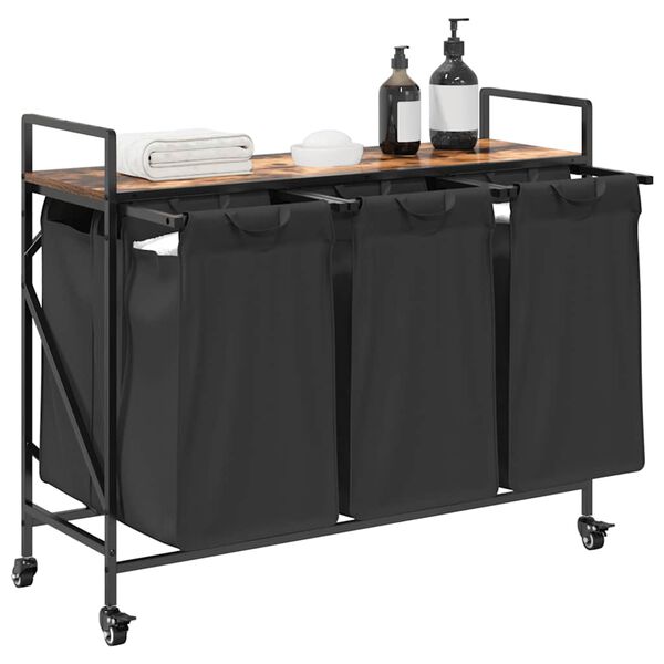 vidaXL Coș de rufe 3 compartimente cu roți stejar fumuriu