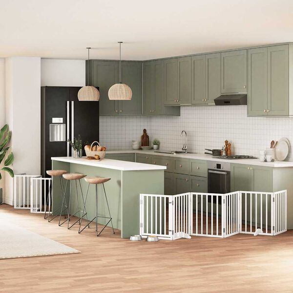 vidaXL Poartă c&acirc;ini pliabilă cu ușă 12 panouri, alb, 600 cm, lemn plop