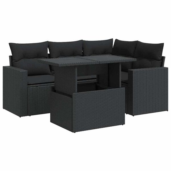 vidaXL Set mobilier de grădină cu perne, 5 piese, negru, poliratan