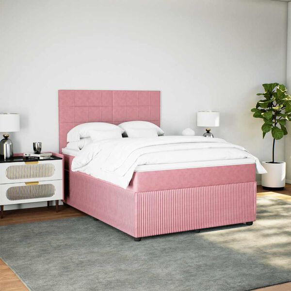 vidaXL Pat box spring cu saltea, roz, 140x200 cm, catifea