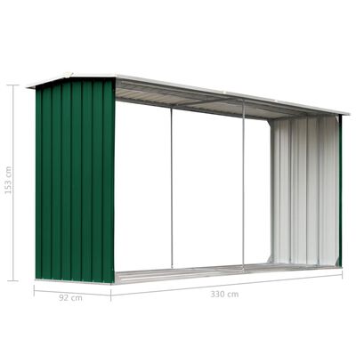 vidaXL Șopron depozitare lemne, verde, 330x92x153 cm, oțel galvanizat