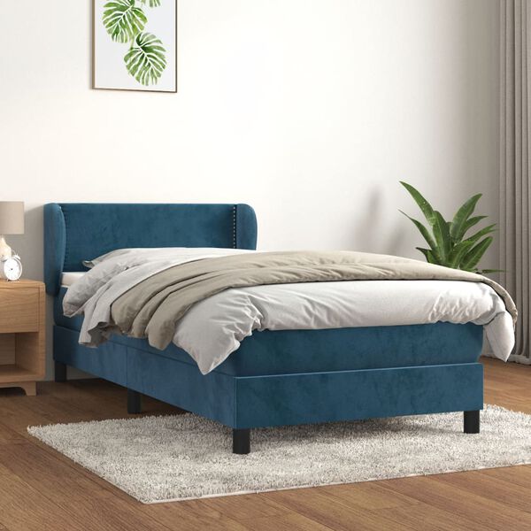 vidaXL Pat box spring cu saltea, albastru &icirc;nchis, 100x200 cm, catifea